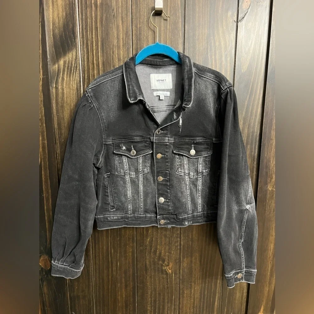 Vervet Los Angeles cropped puff sleeve trucker jean jacket size small - Picture 1 of 8